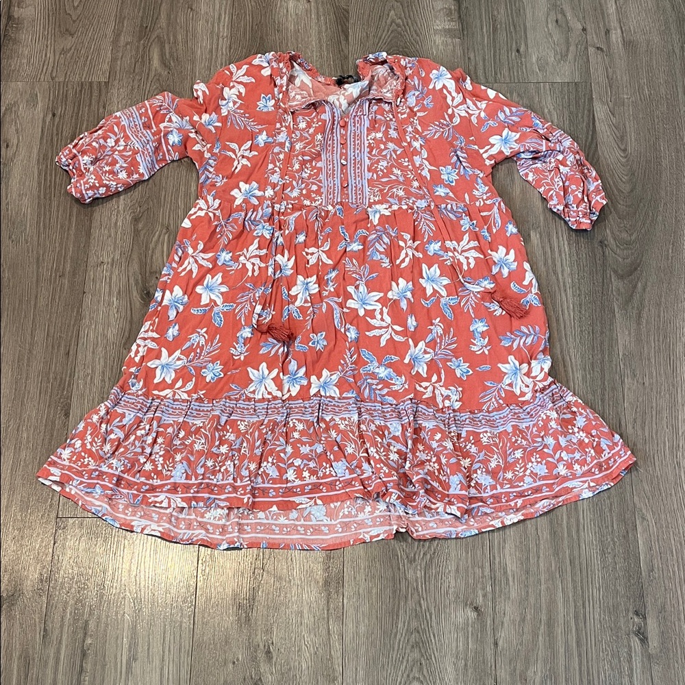 Red Floral Dress with Blue and White Details